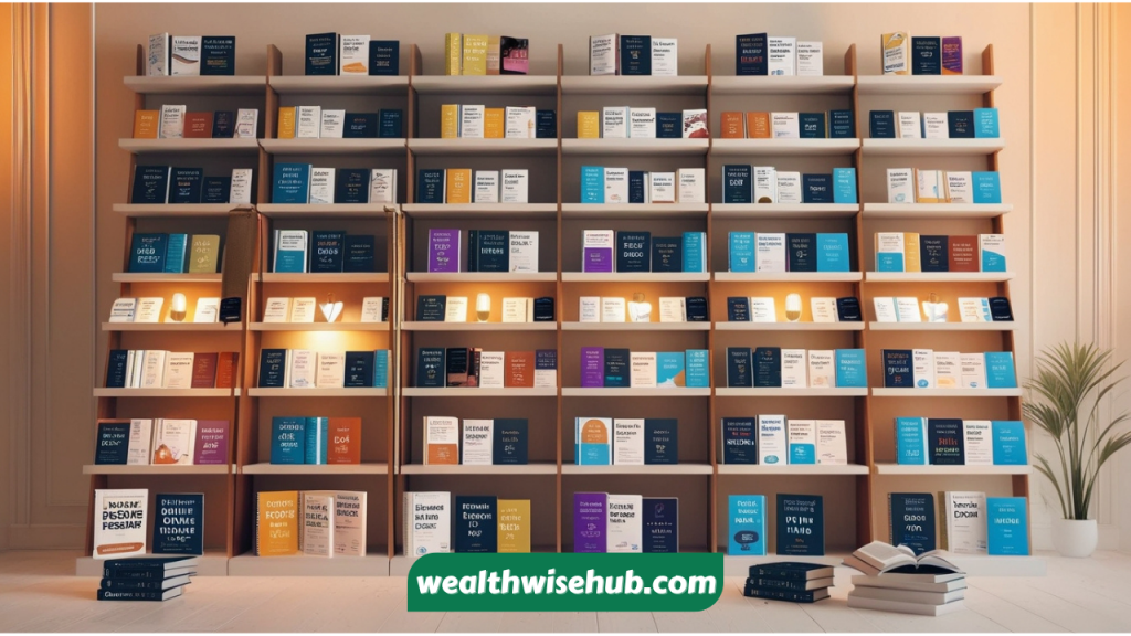 A bookshelf filled with digital product titles and guides on passive income.