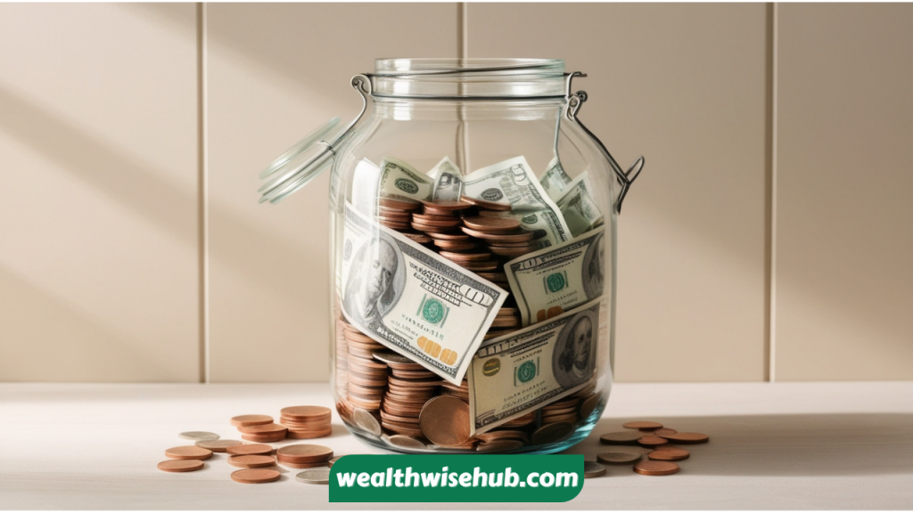 A clear, organized emergency fund jar with coins and cash, emphasizing the importance of saving for unexpected expenses.