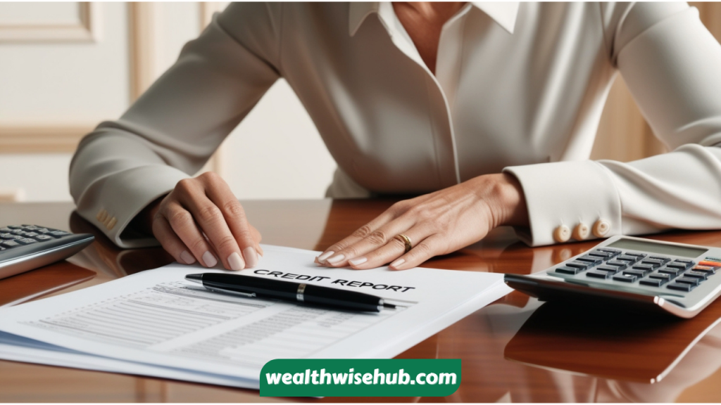 A close-up of a person organizing finances with a calculator, credit report document, and pen on a clean, well-organized desk.