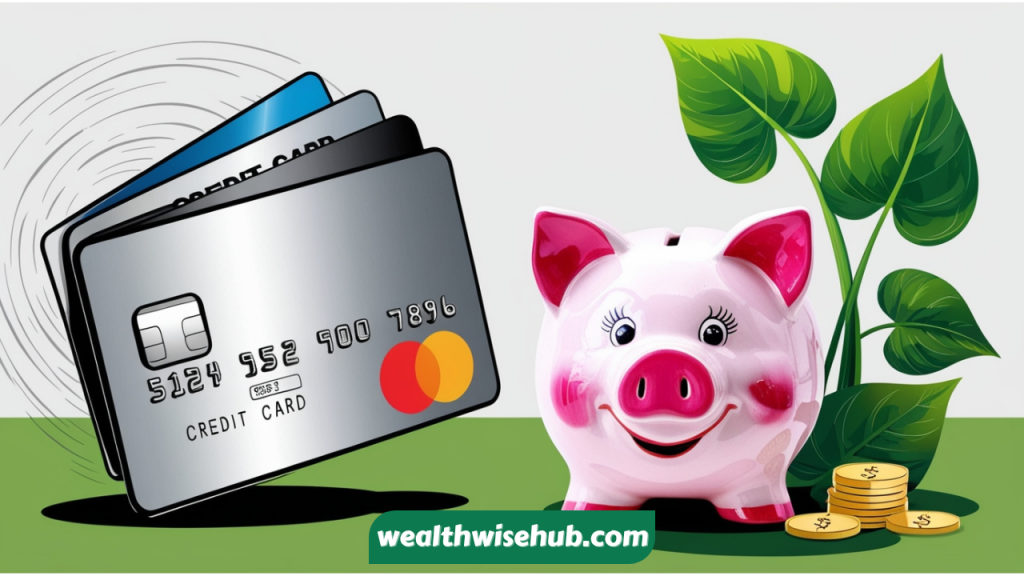 A comparison of a credit card and a piggy bank, illustrating the contrast between credit card dependency and saving for future security