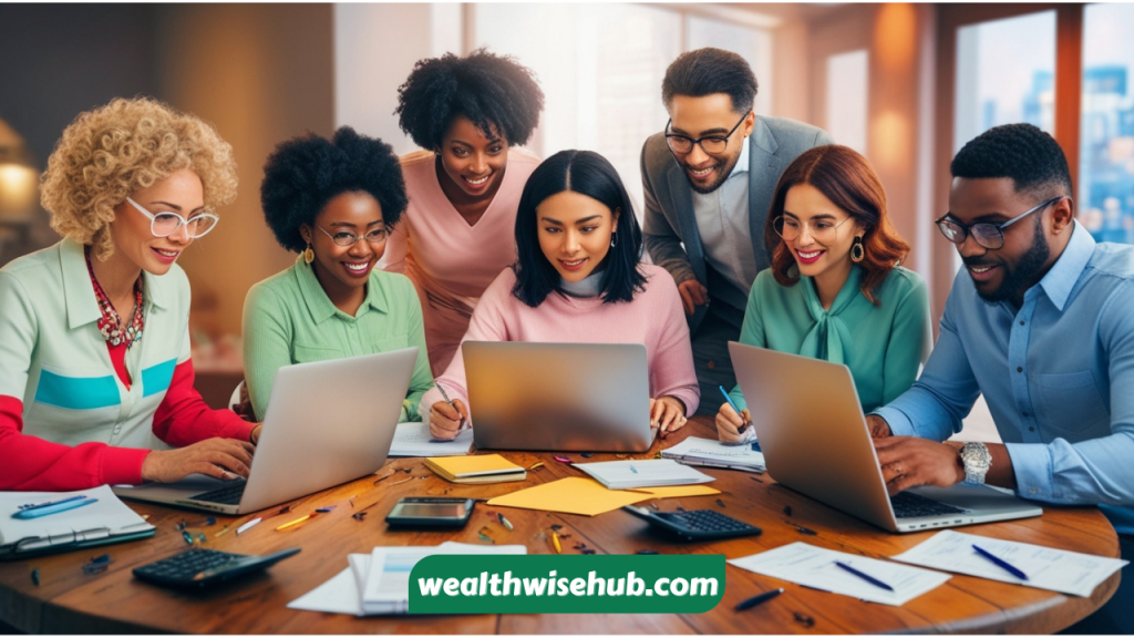 A diverse group of people budgeting with notebooks and laptops.