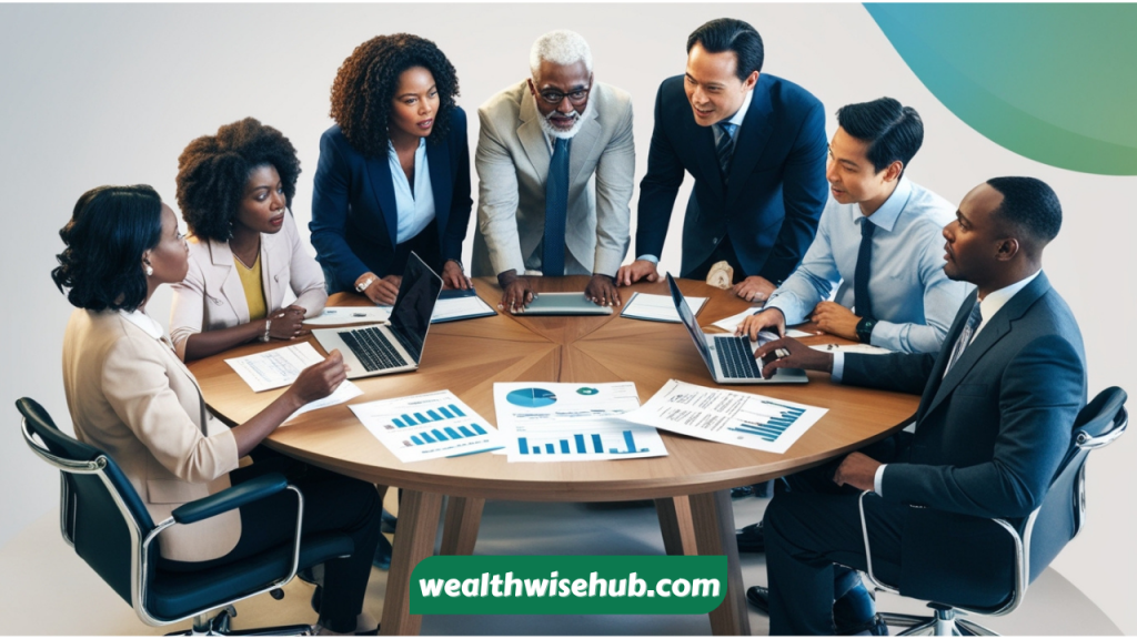 A diverse group of people discussing financial goals and reviewing investment strategies at a desk, symbolizing the inclusive nature of investing.