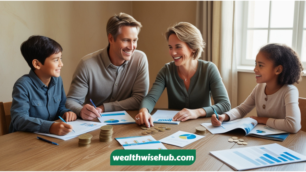 A family discussing financial goals at a table, illustrating long-term planning with retirement and custodial accounts.