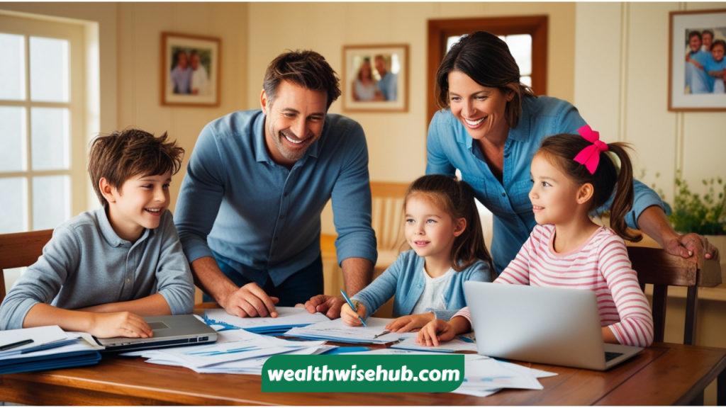 A family sitting at a dining table with paperwork, smiling over their financial planning.