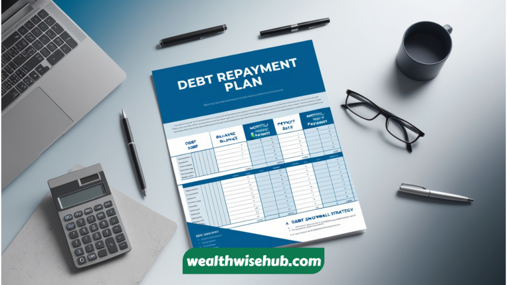 A financial planner or budget sheet, emphasizing the steps involved in setting up a debt repayment plan.