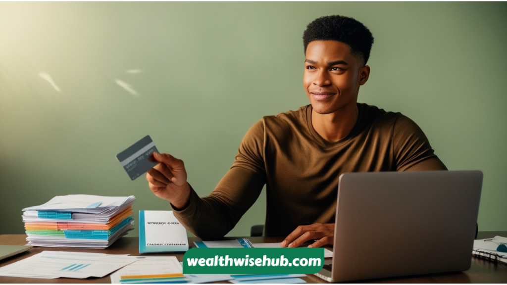 A person confidently managing their finances with a credit card and budget, emphasizing financial control and smart spending.