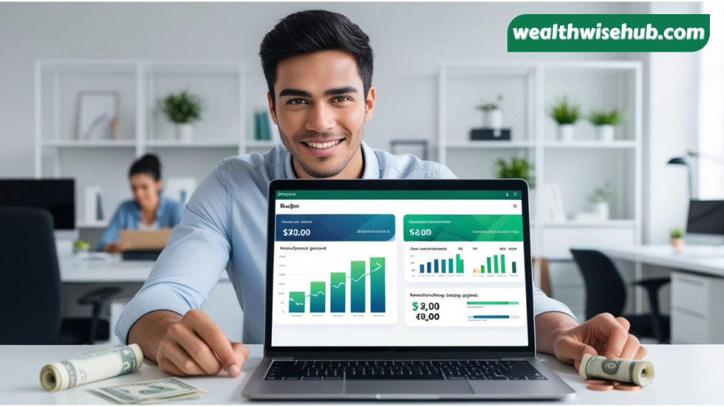 A realistic photo of a young professional tracking their monthly savings and progress on a digital budget app or chart, showing a visually motivating financial dashboard.