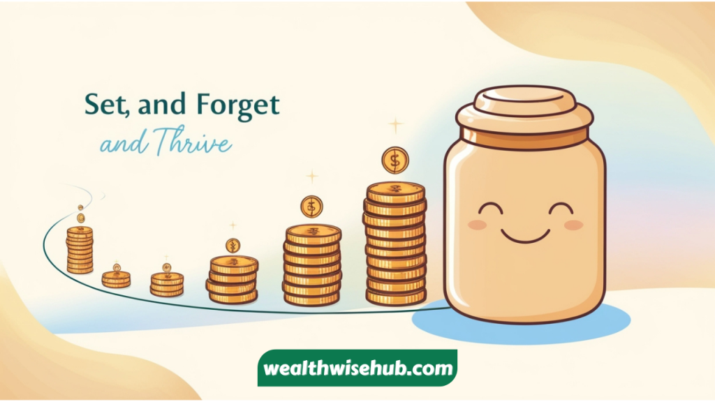 A simple graphic illustrating the "set and forget" concept, showing savings steadily increasing over time without manual intervention.