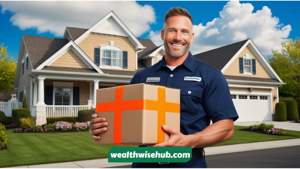 A smiling delivery driver holding a package in front of a house, representing flexibility and extra income.