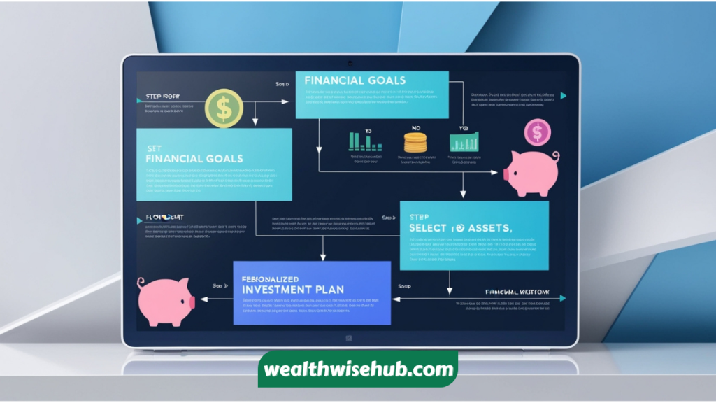 A step-by-step flowchart on a digital screen, illustrating the process of setting financial goals, selecting assets, and creating an investment plan.