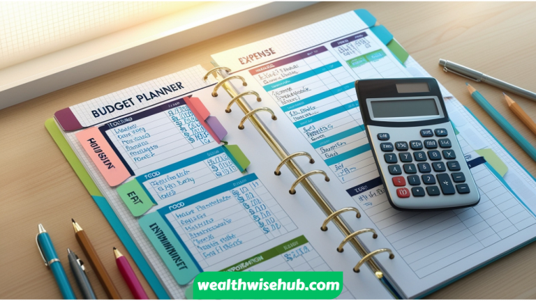 A visually organized budget planner on a desk, showing different expense categories such as housing, food, and entertainment, with neatly handwritten entries and a calculator beside it.