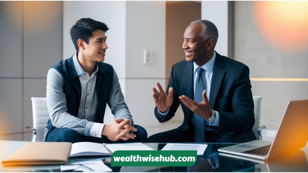 A young professional sitting with a financial advisor, discussing savings and compound interest growth.