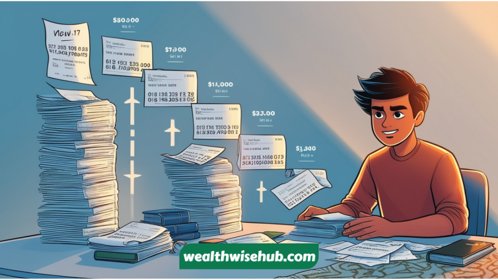 An illustration of a person making debt payments, showing the progress from smaller to larger balances.