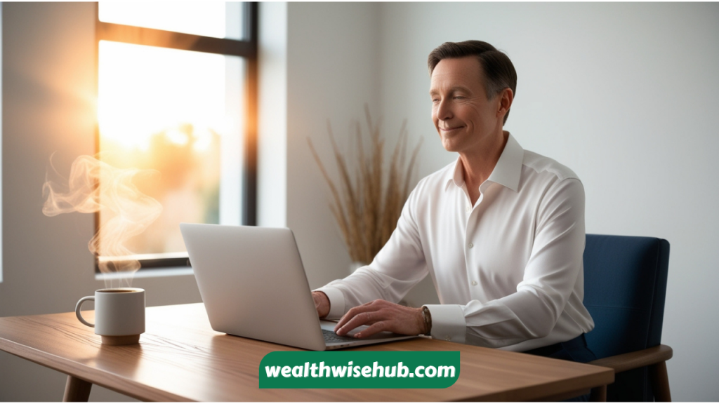 An image of a calm investor reviewing their stock portfolio on a laptop with a cup of coffee.