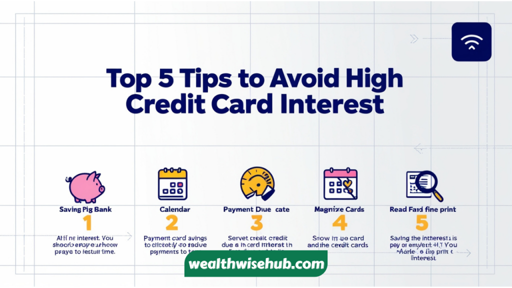 An infographic displaying “Top 5 Tips to Avoid High Credit Card Interest” with simple icons and steps.