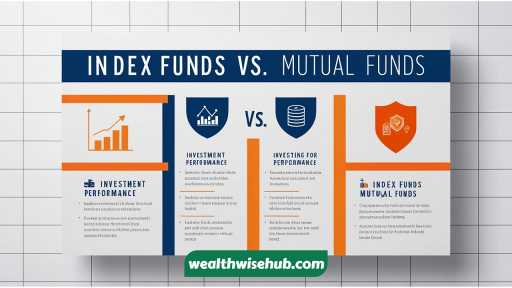 An infographic illustrating the pros and cons of index funds vs. mutual funds.