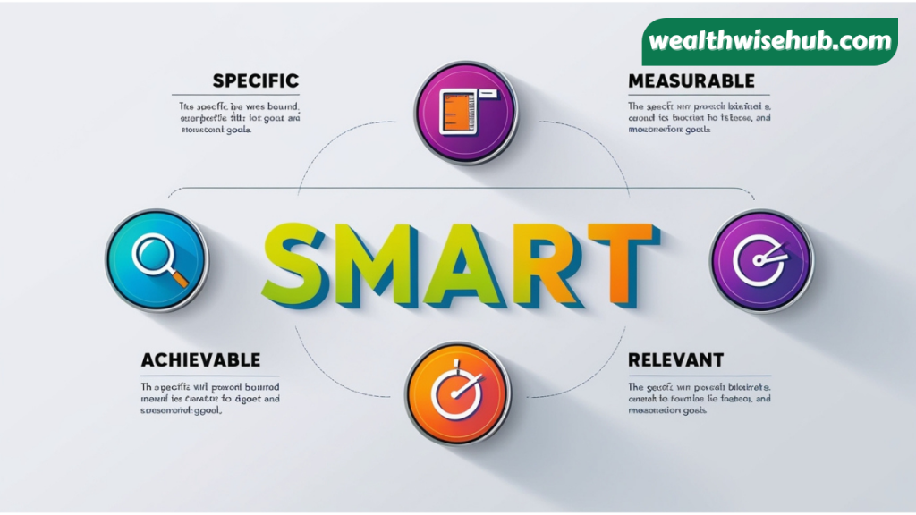 An infographic illustration of the SMART goals acronym (Specific, Measurable, Achievable, Relevant, Time-bound) with icons and brief descriptions for each component.