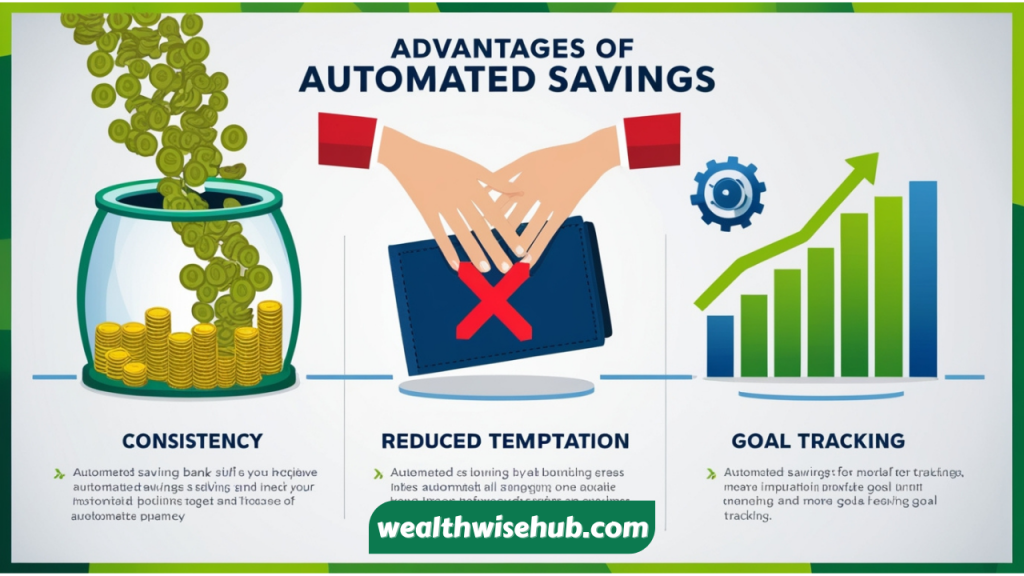 An infographic showing the benefits of automated savings, including consistency, reduced temptation, and goal tracking.