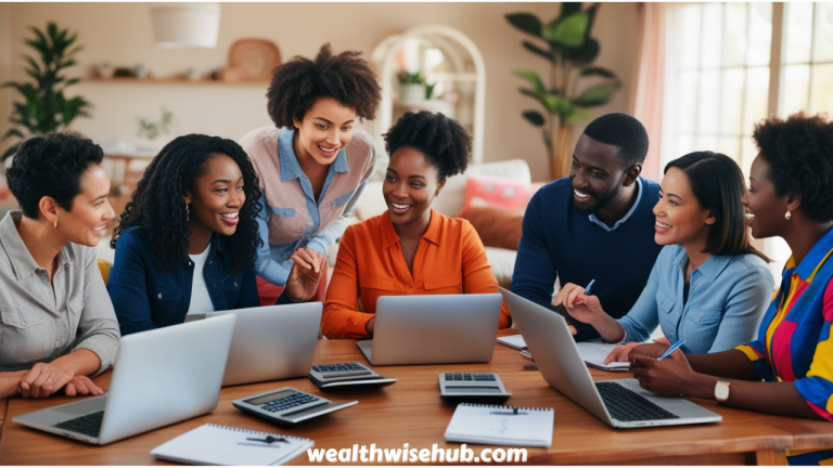 A diverse group of people gathered around a table, reviewing their monthly budgets and discussing financial goals