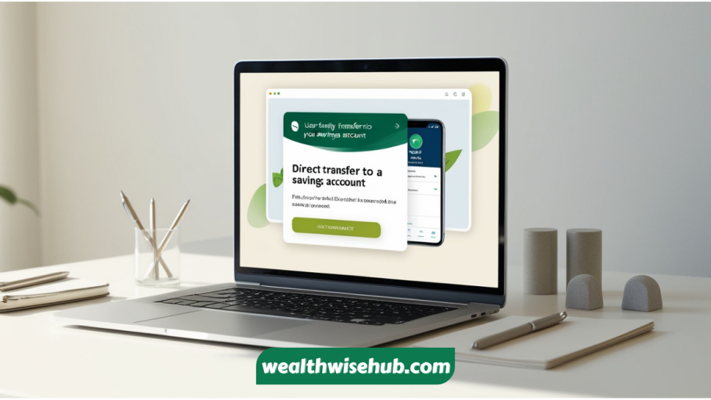 Image showing automated savings, with a smartphone or laptop displaying a direct transfer to a savings account. A clean, organized workspace in the background for clarity.